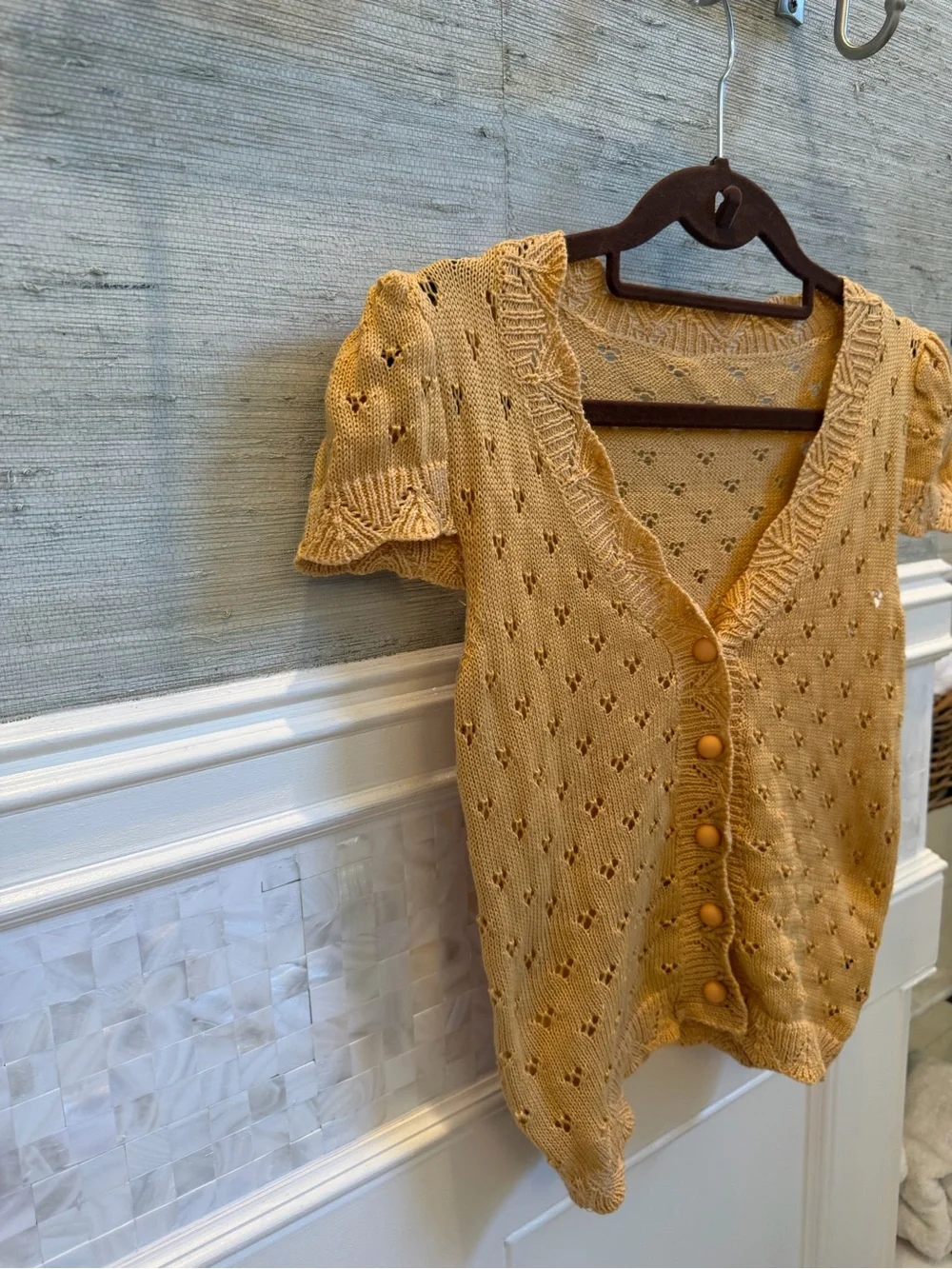 New small Dazy knit Button Front Short Sleeve  sweater cardigan v neck Top gold